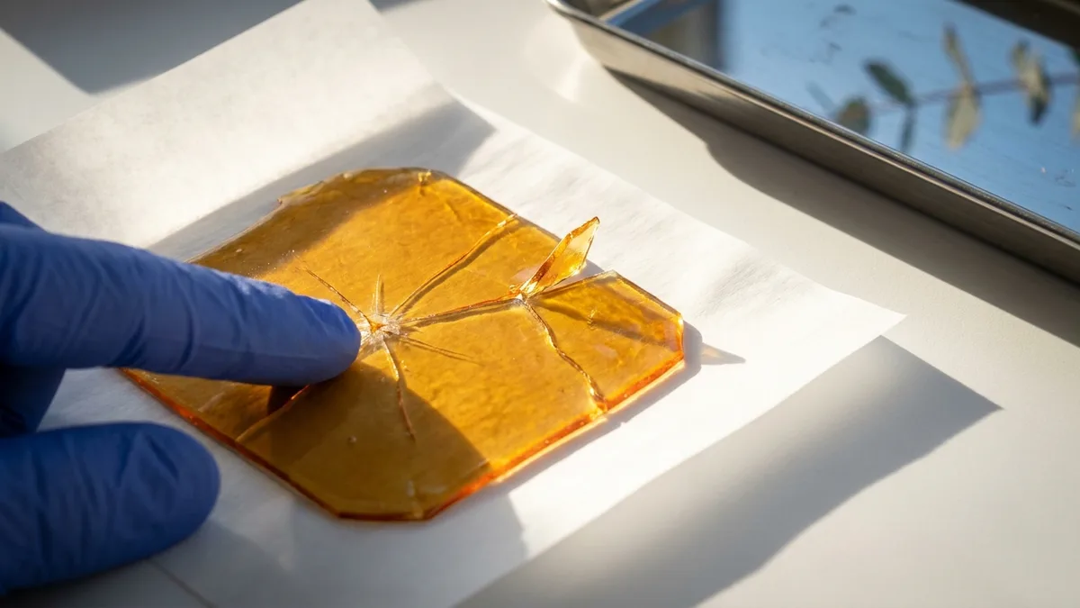 Macro close-up of dark amber cannabis concentrate (wax/shatter) on a metal dab tool, glinting under harsh light, conveying high-potency extract products.