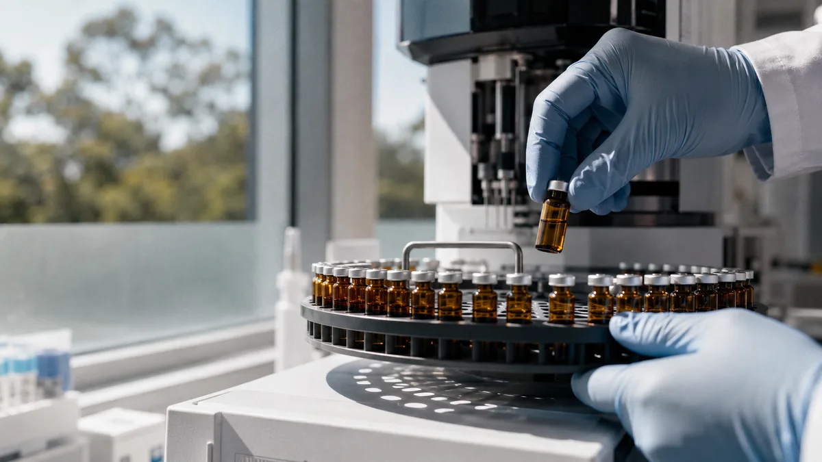 Analytical chemistry lab: gloved technician loading small sample vials into an HPLC autosampler, chromatography equipment softly blurred in background, cool clinical lighting.