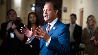 Rep. Andy Barr, R-Ky., talks with reporters after a meeting of the House Republican Conference in the U.S. Capitol on Tuesday, October 3, 2023. Barr's new hemp bill would replace November's THC ban with regulations. (Tom Williams/CQ Roll Call/Newscom)