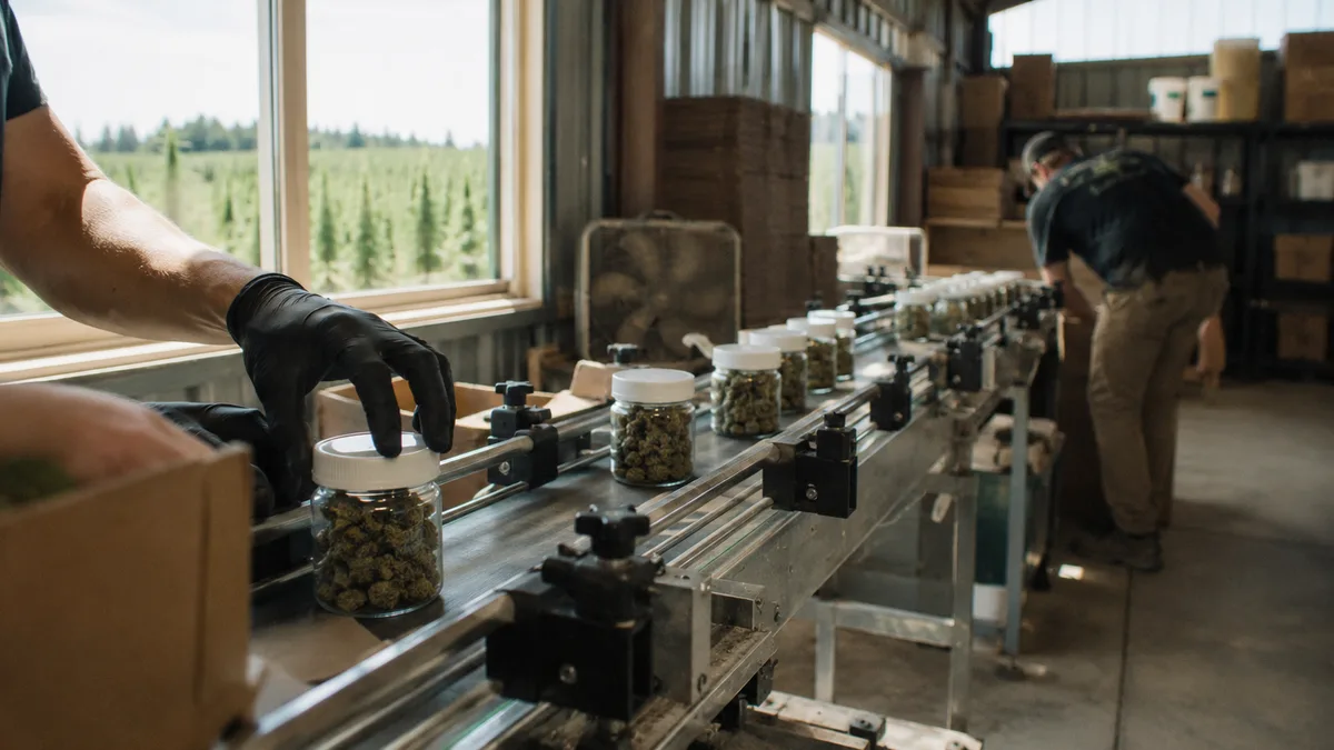 Gloved hands on a packaging line pressing child-resistant caps onto rows of small unmarked jars, conveyor stretching into soft-focus background.