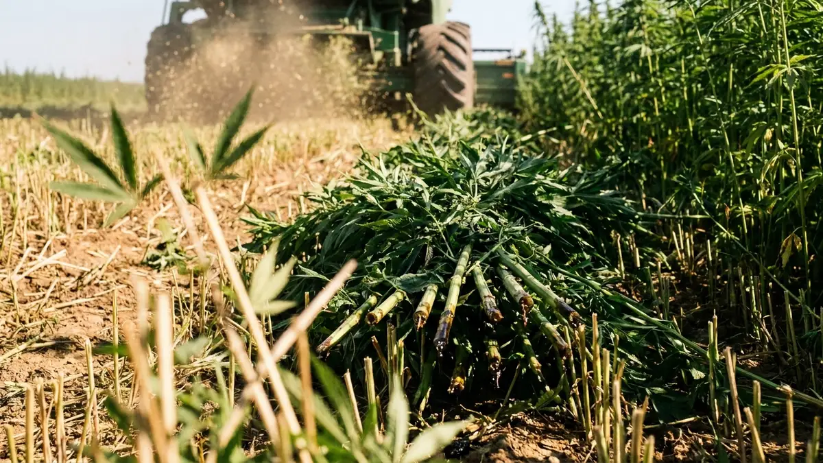 Combine harvester cutting through tall rows of industrial hemp under late-afternoon sky, cut stalks trailing behind the machine.