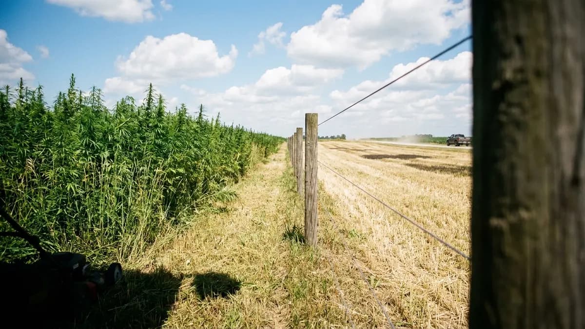 Tall outdoor hemp stalks in a working farm field, farmer's hand touching a plant, midwestern landscape behind.