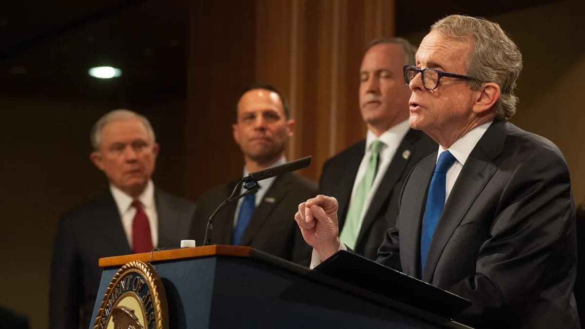 Mike DeWine speaks at a Department of Justice podium while three men in suits stand behind him. | The United States Department of Justice/Wikimedia Commons (Public domain)