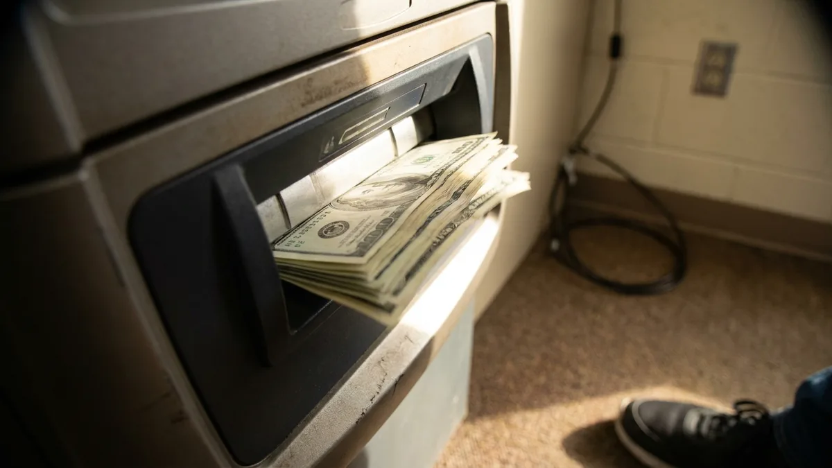 A lone standalone ATM machine tucked in the corner of a dimly lit retail interior, glowing screen out of focus, cable and cash tray visible.