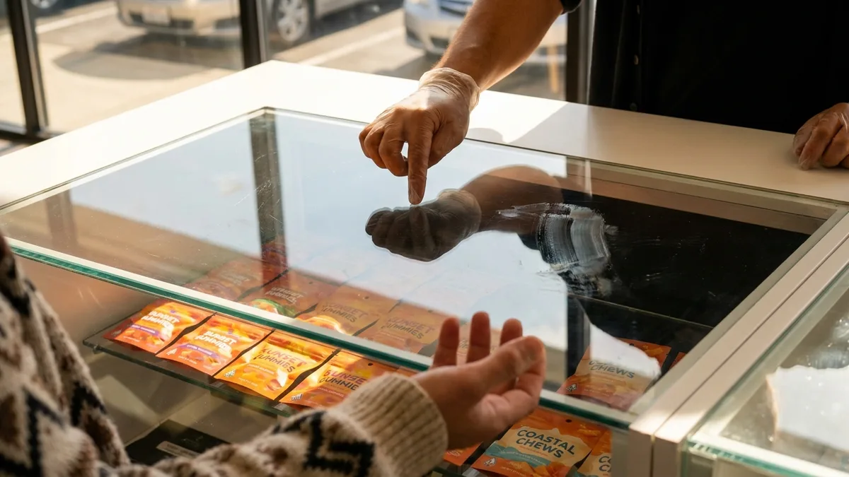 Over-the-shoulder view of a young clerk in a branded apron gesturing across a glass display case toward an older customer, faces anonymous, warm retail lighting.