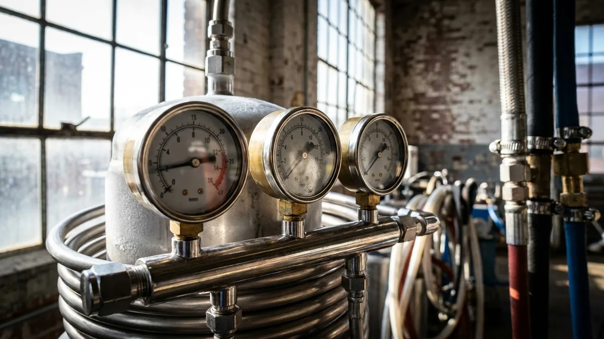 Stainless-steel closed-loop hydrocarbon extraction system with pressure gauges and coiled tubing in an industrial processing room, technician's gloved hand on a valve.