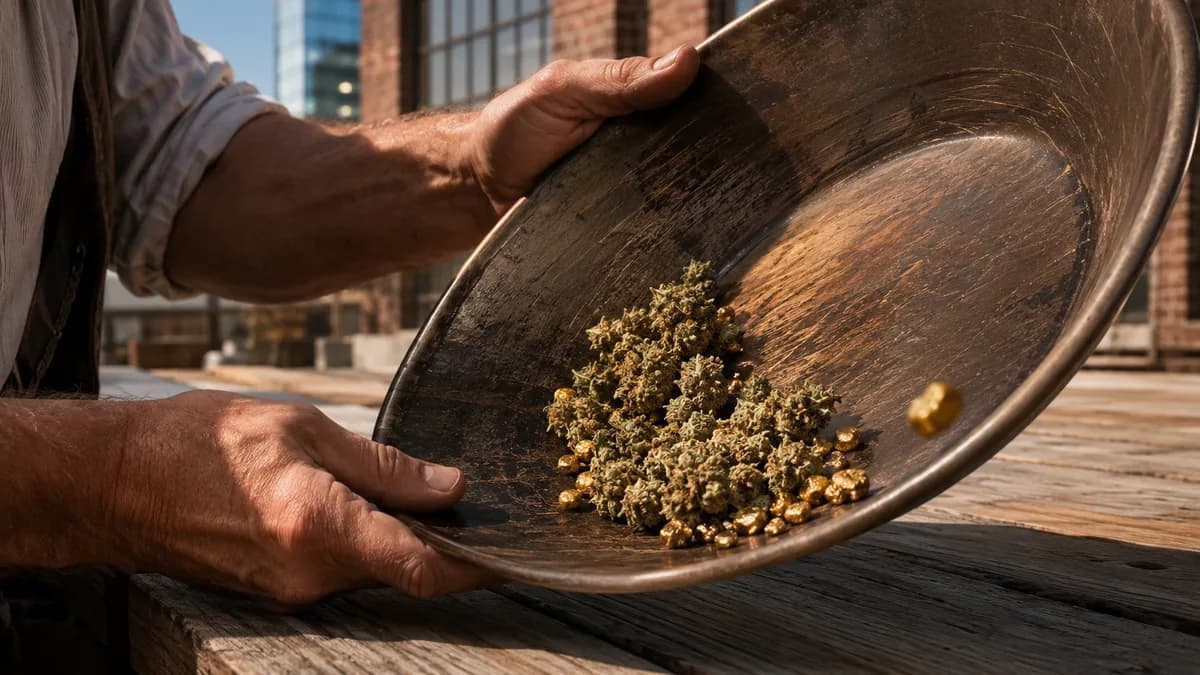 Vintage gold-mining pan holding dried cannabis flower and gold nuggets on weathered wood, dramatic side light, literal 'gold rush' metaphor.