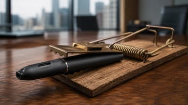 A matte-black vape pen caught in the sprung jaws of a wooden mousetrap on a polished walnut boardroom table. (VapeExperts/AI)