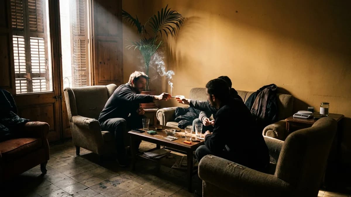 Dimly lit cannabis club lounge interior: worn sofas, low warm lighting, a small digital scale weighing herb into an unmarked container on a side table, no legible text.
