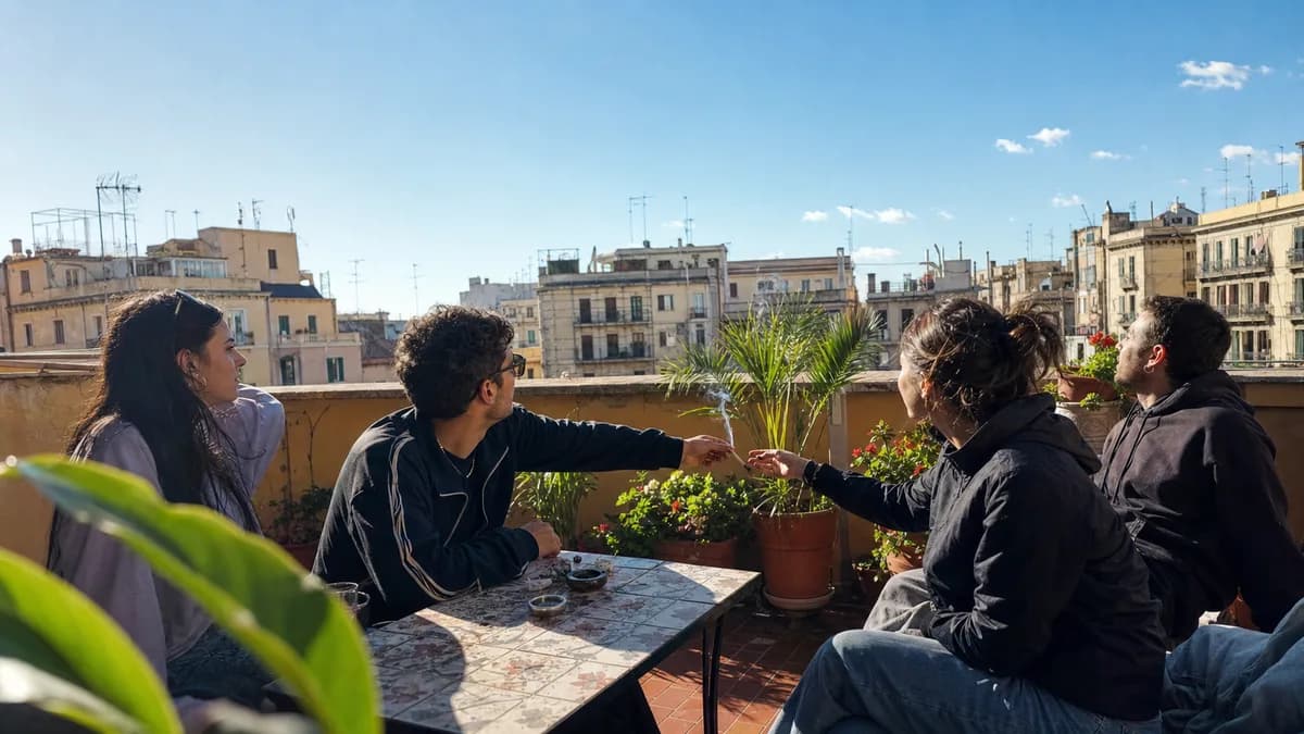 Small group of friends on a private apartment terrace at dusk, passing a joint over a low table, plants and city rooftops softly out of focus.