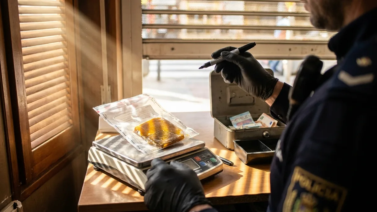 SHOT + MOMENT: Close over an officer's shoulder as a clear evidence bag holding a dense amber slab of cannabis concentrate settles onto a...