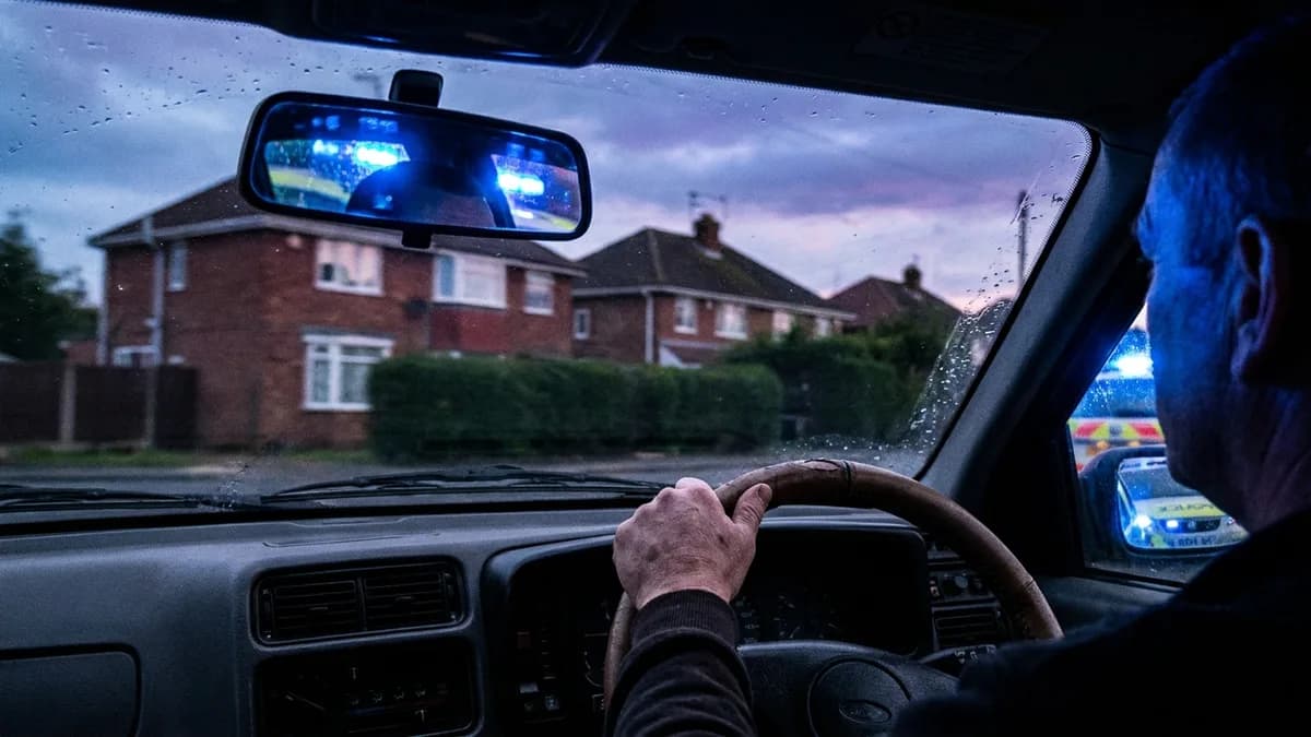 Driver's hands on a steering wheel at dusk viewed from the back seat, blue police lights reflected in the rearview mirror.