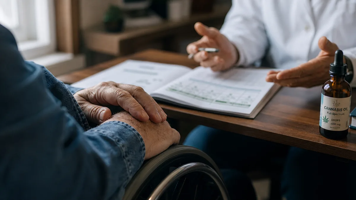 Anonymous patient with multiple sclerosis seated in a wheelchair by a bright living-room window, hands resting on wheels, face out of frame.