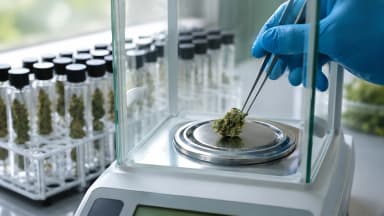 A blue-gloved hand uses steel forceps to place a small cannabis bud onto a precision analytical balance, with sample vials blurred in the background. (VapeExperts/AI)