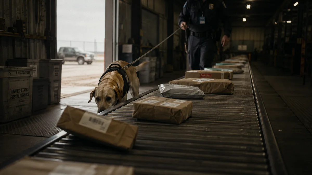 Detection dog sniffing a row of anonymous parcels on a conveyor at a dim mail-sorting facility, handler's legs visible in background.