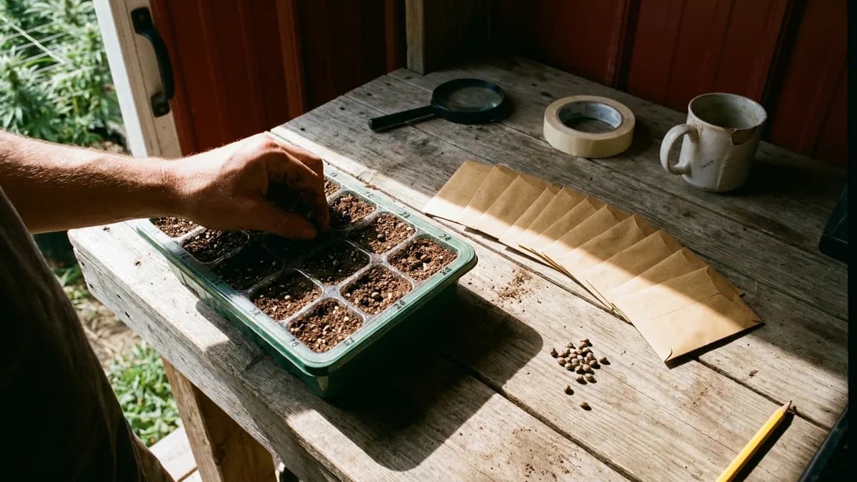 Researcher's hands using a fine paintbrush to hand-pollinate a cannabis flower in a breeding tent, pollen bag and plant visible, tight crop.