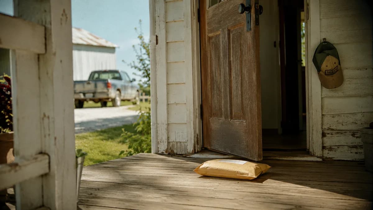 Unmarked padded mailer envelope resting on a residential doorstep in morning light, front door slightly ajar, no visible text or labels.