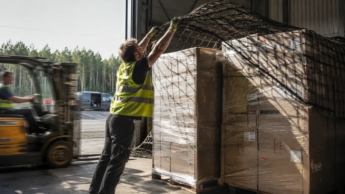 Warehouse worker in hi-vis vest securing cargo netting over shrink-wrapped export pallets in an air-freight staging area, forklift blurred in background, no legible labels.
