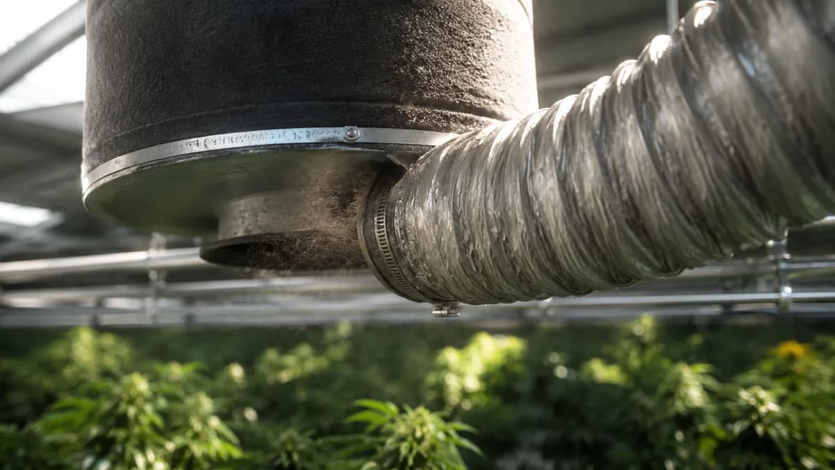 Close-up of a cylindrical carbon filter and flexible ducting mounted overhead inside a cultivation room, plants softly out of focus below.