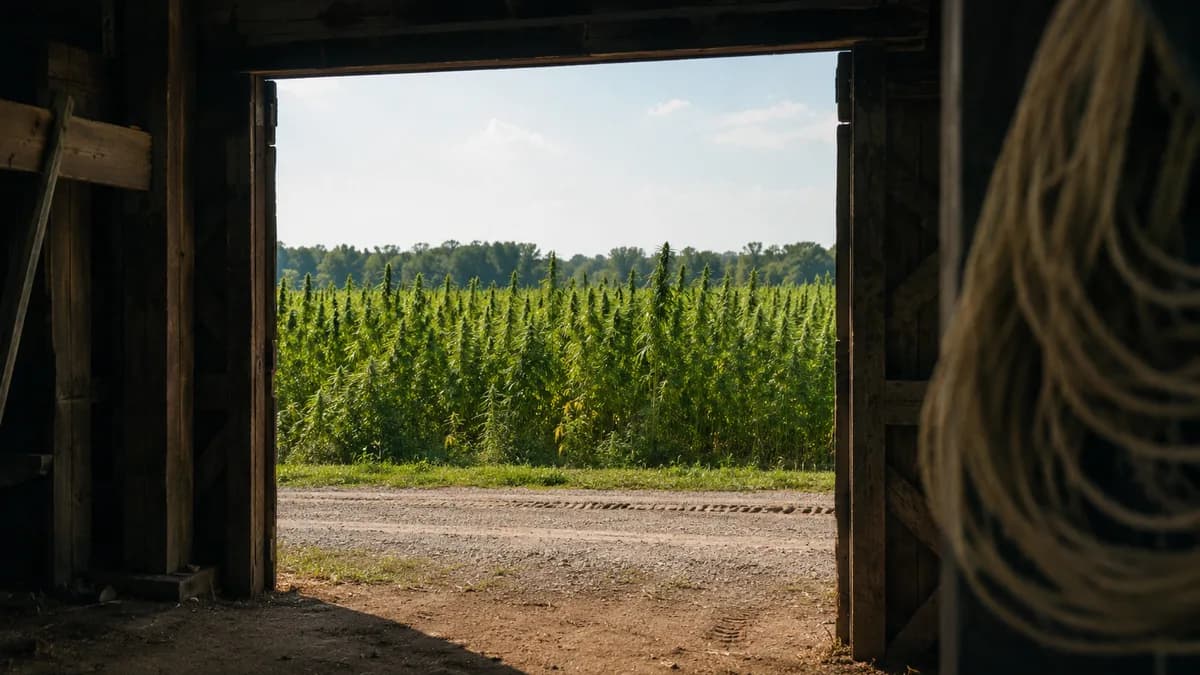 Bundles of harvested, retted hemp stalks stacked inside a rustic barn, fibrous texture in raking window light, no people or machinery.