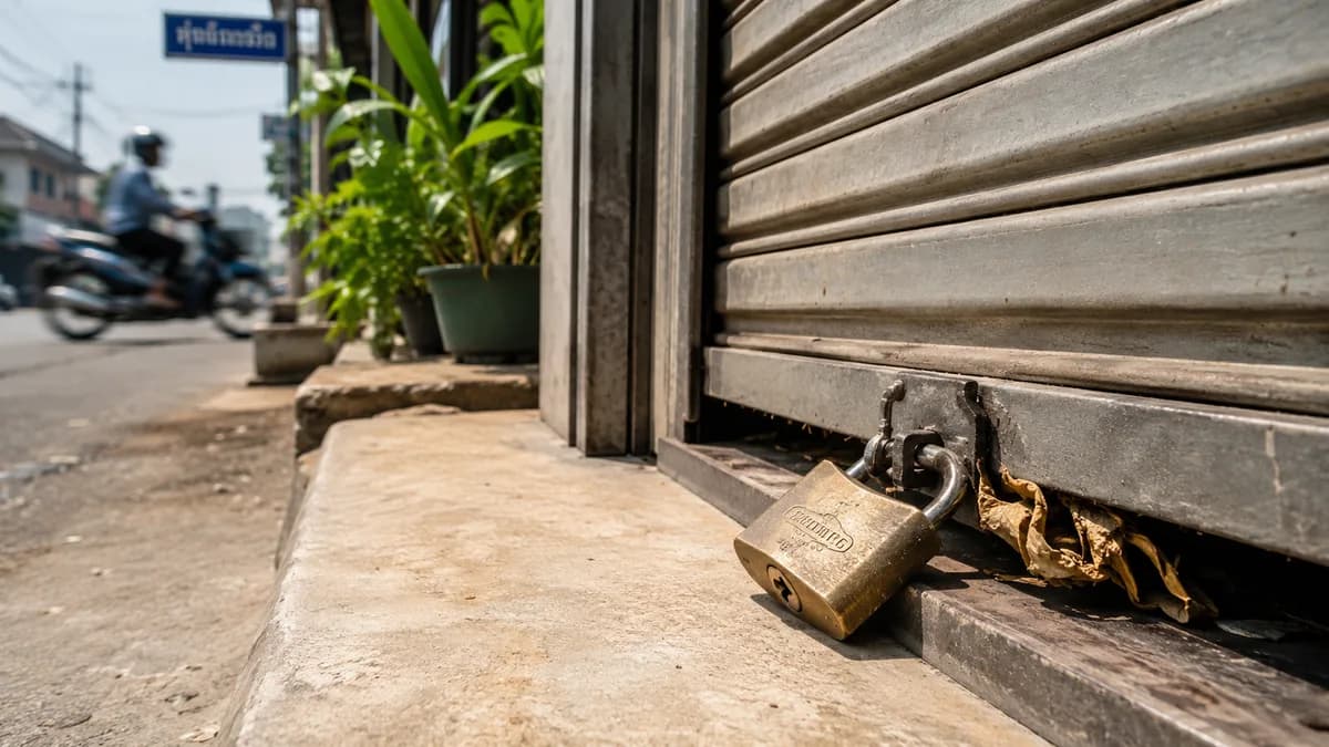 Tight crop of a closed metal roller shutter with a heavy padlock on a small shopfront doorway at dusk, dried leaves on the step, no legible signage.