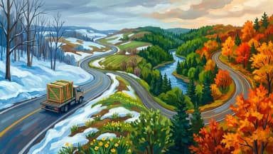 Gouache painting of a freight truck carrying a green-strapped shipping crate along a winding road that passes through all four Canadian seasons, from snowbanks to autumn maples. (VapeExperts/AI)