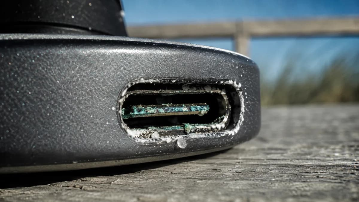 Extreme macro of a USB-C charging port crusted with white salt residue and green-blue corrosion on the metal contacts.