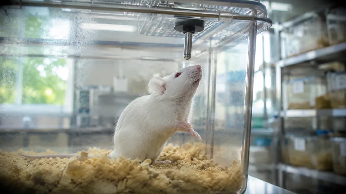White laboratory mouse in a clear cage with bedding, viewed through cage wall, fluorescent lab lighting