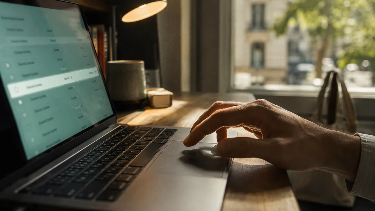 Laptop screen showing a REDCap-style survey interface with a hand hovering over trackpad, soft desk lamp light