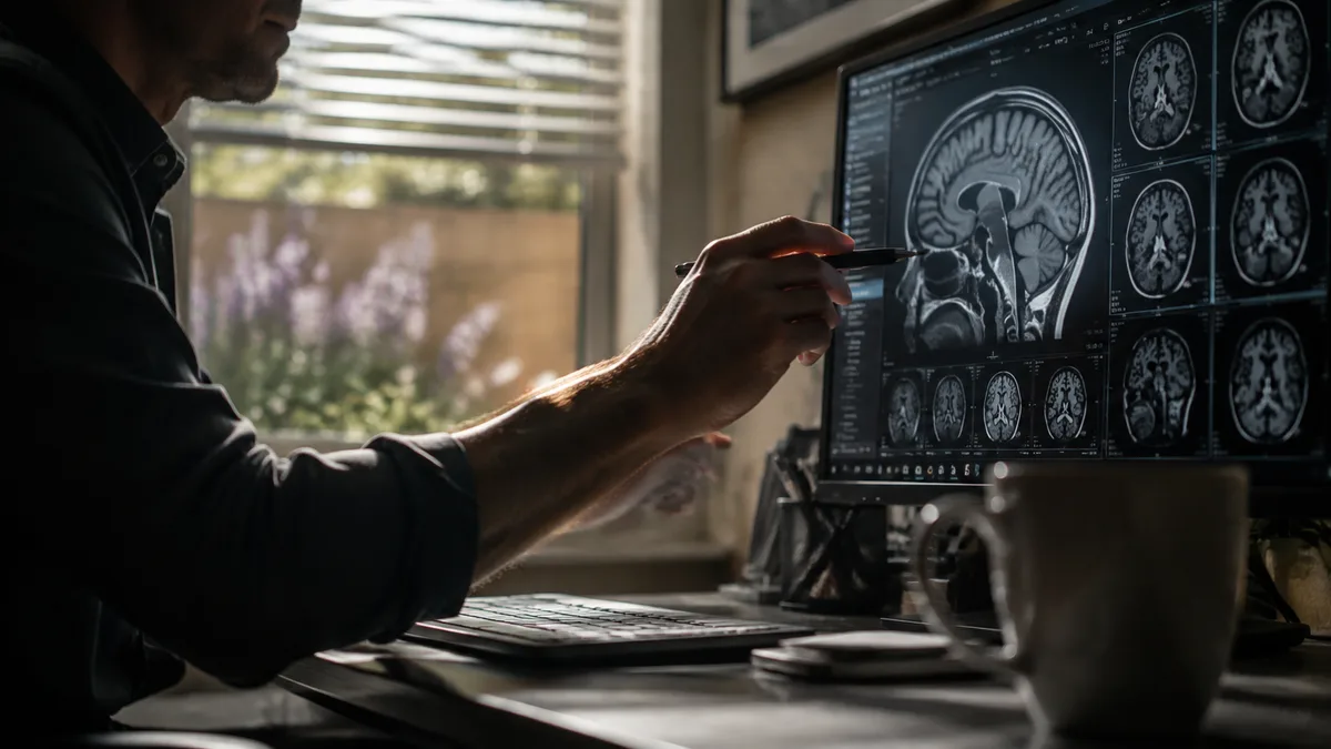 Researcher in a lab reviewing brain MRI scans on a monitor, tight over-the-shoulder crop, illustrating ongoing cognitive-decline and dementia research.