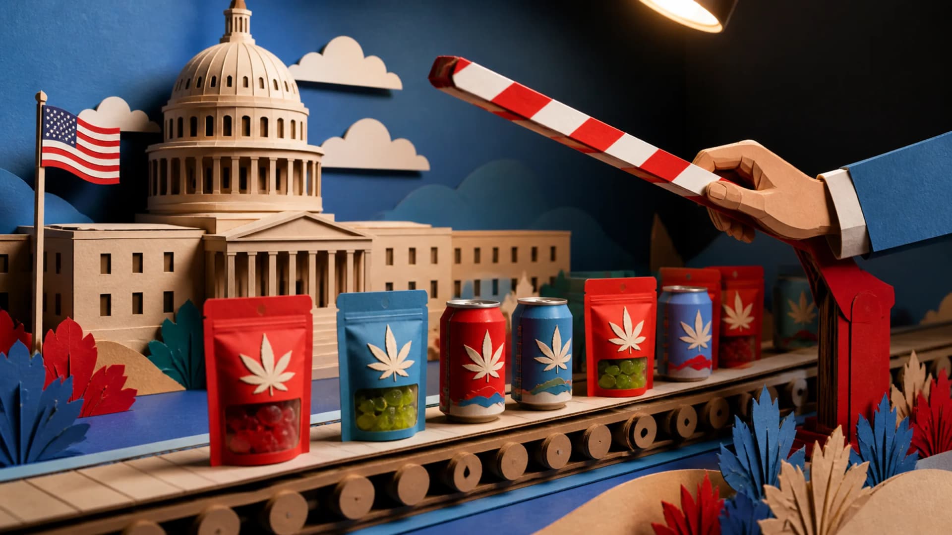 A cut-paper diorama shows hemp gummy pouches and seltzer cans on a conveyor line passing under a striped barrier gate held raised by a paper hand. (VapeExperts/AI)