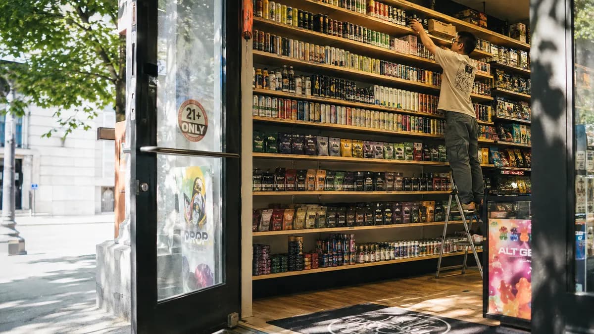 Smoke shop interior with shelves stocked with unmarked hemp beverage cans and gummy pouches, a clerk restocking in soft ambient light, no legible labels.
