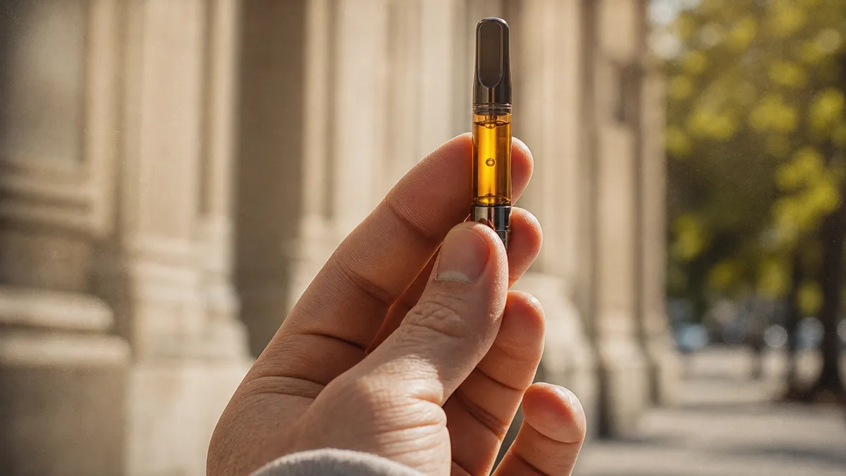 Extreme close-up of an unmarked amber vape cartridge held between two fingertips against a plain background, emphasizing it as the regulated 'container'.
