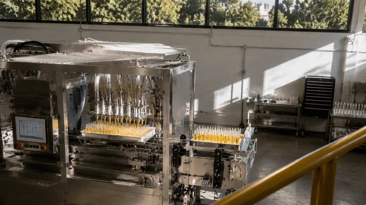 Automated filling machine dispensing golden oil into rows of empty vape cartridges on a production line