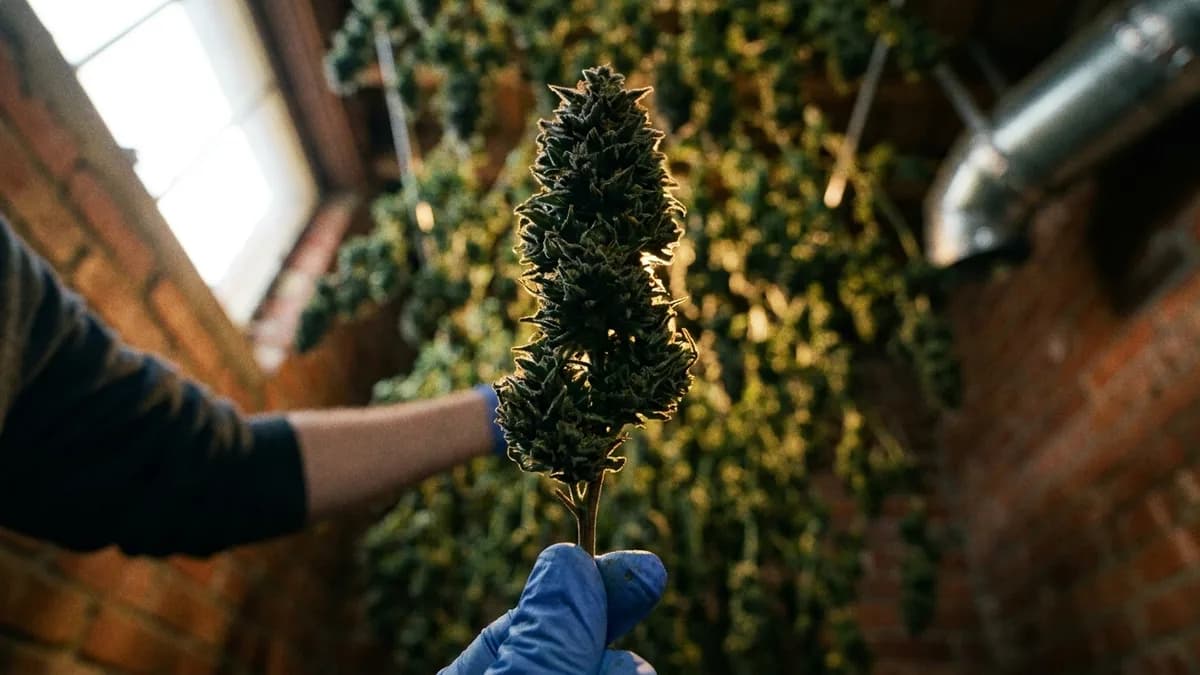 Technician in gloves inspecting racks of drying hemp flower hanging in a processing facility