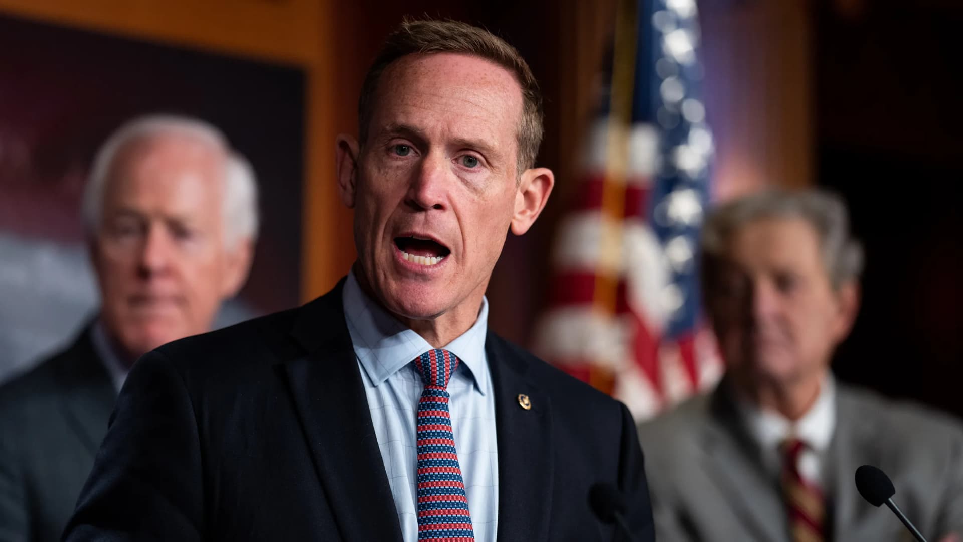 Sen. Ted Budd, R-N.C., speaks during a news conference in the U.S. Capitol in Washington on Thursday, March 21, 2024. Senators are weighing a delay to a federal hemp ban that 35 state attorneys general urge Congress to enact. (Bill Clark/CQ Roll Call/Newscom)