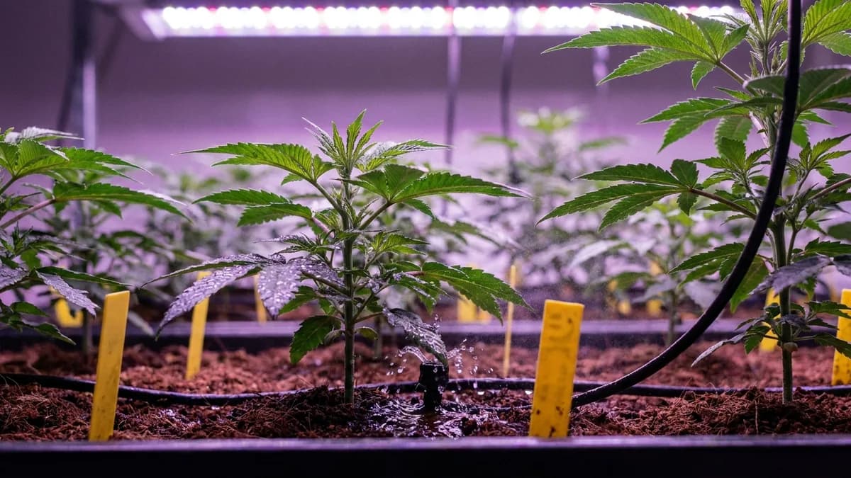Rows of medical cannabis plants under purple-white LED lights in an indoor grow room, misted leaves, worker silhouette in background aisle.