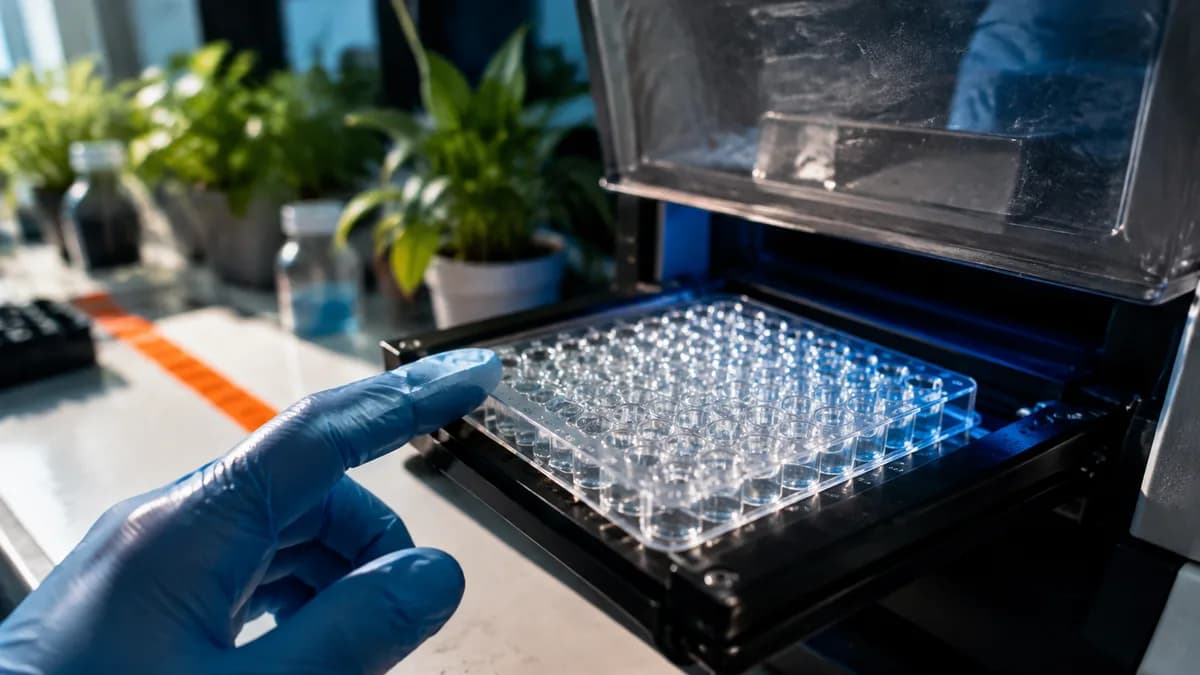 SHOT + MOMENT: At bench level in a receptor-assay lab, a clear multi-well plate caught the half-second it slides out on the reader's tray,...