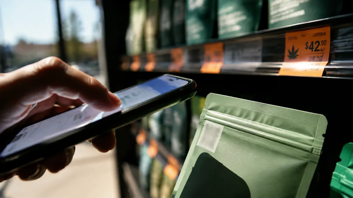 Shopper holding a smartphone up to an unmarked matte cannabis package on a dispensary shelf, phone screen glowing, packaging text out of focus.