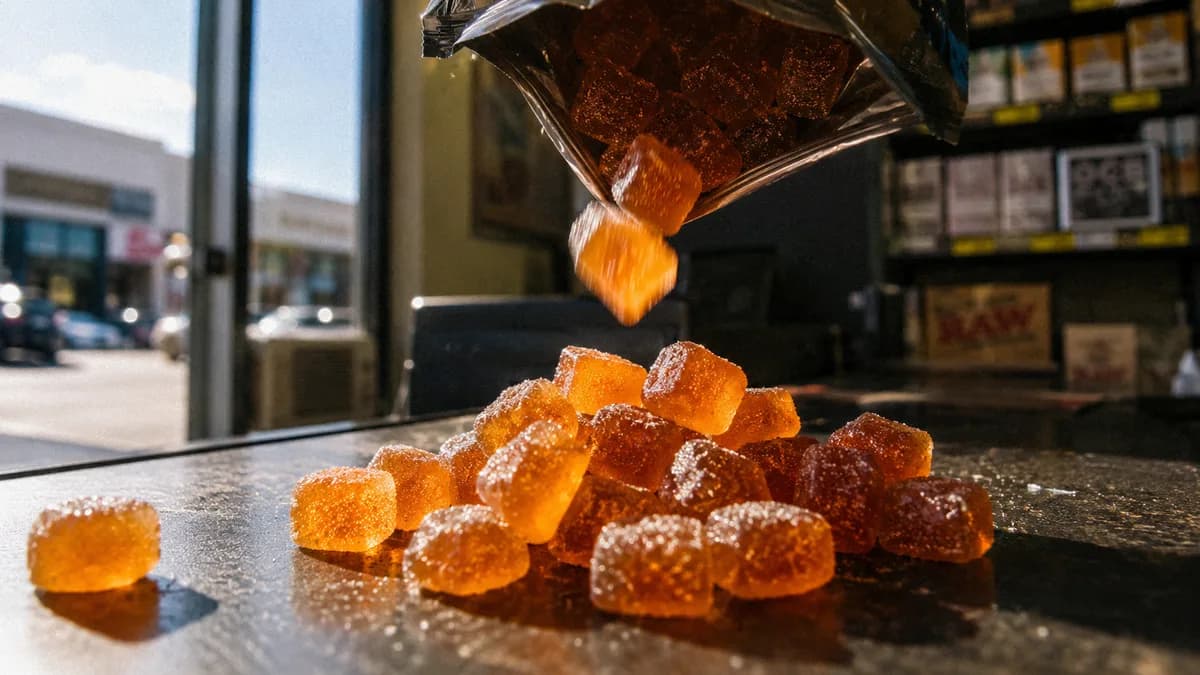 Macro shot of amber THC gummies spilling from an unmarked foil pouch onto a dark surface, shallow depth of field, no legible labels.