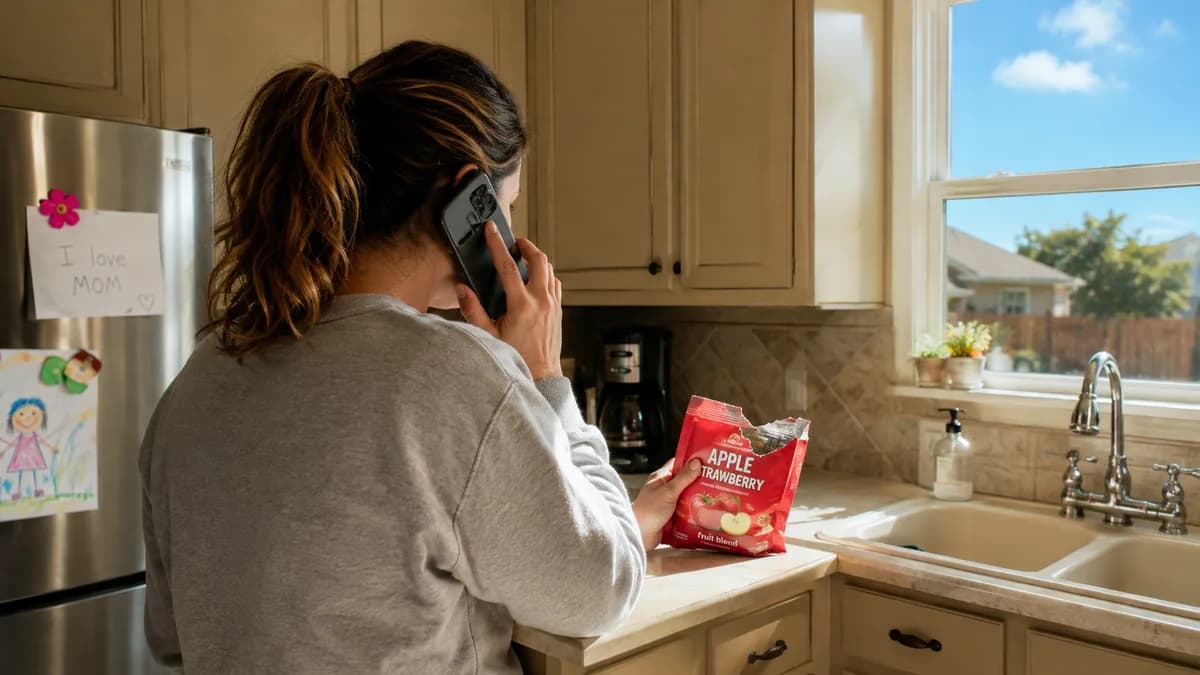 Photograph, documentary editorial: a worried parent photographed from behind in a sunlit Texas kitchen, phone pressed to ear, the other...