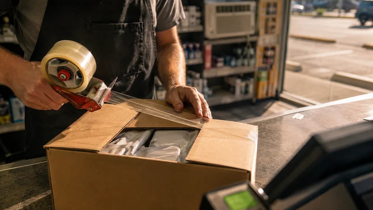 Shop worker packing unmarked product boxes into a cardboard carton behind a counter, half-emptied shelves visible behind, hands and torso only.