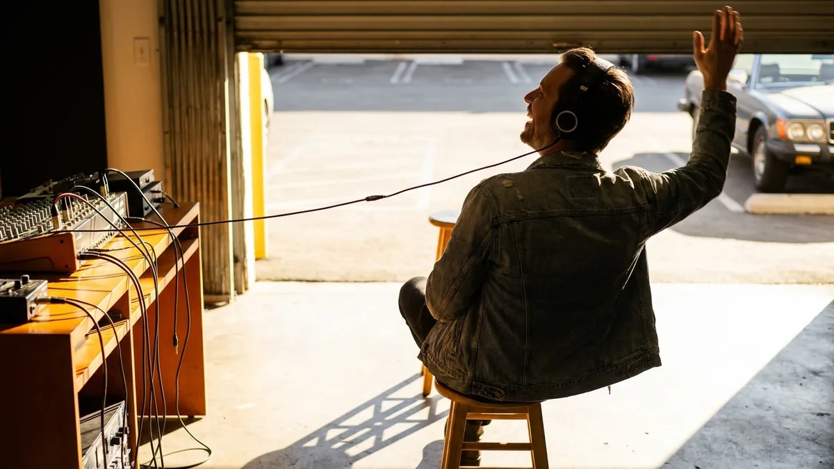 Anonymous research participant seated in a plain psychology lab cubicle facing a blank monitor, researcher's clipboard blurred in foreground, clinical fluorescent light
