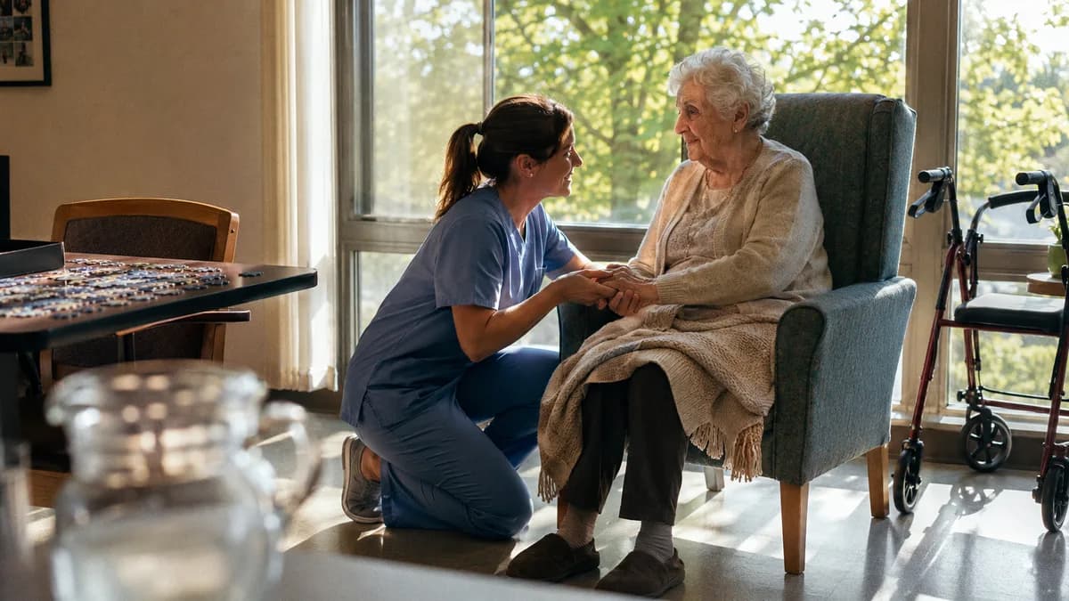 Caregiver's hands gently holding an elderly patient's hands in a sunlit care-facility room, blanket and armchair, warm intimate framing