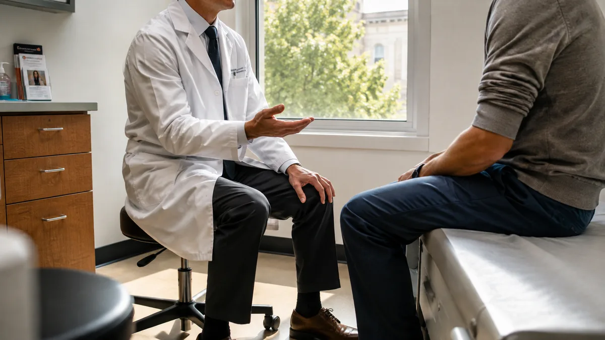 Physician in white coat consulting with a patient in an exam room, discussing treatment options, no faces identifiable, soft clinical lighting