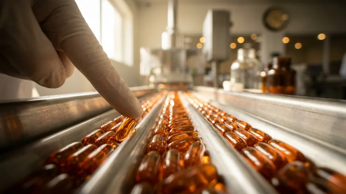 Rows of small unmarked hemp-oil soft-gel capsules and oral tinctures arranged on a stainless production tray, clinical lighting