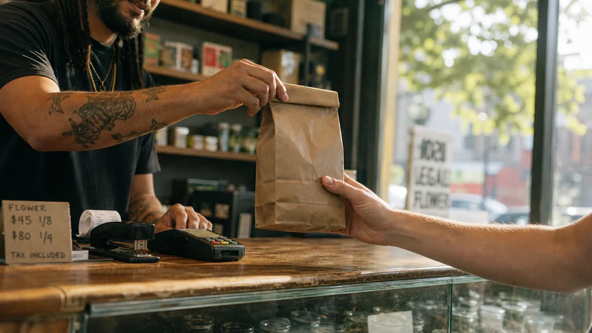 Budtender's hands passing an unmarked paper bag across a wooden dispensary counter to a customer, shallow depth of field, no readable labels.