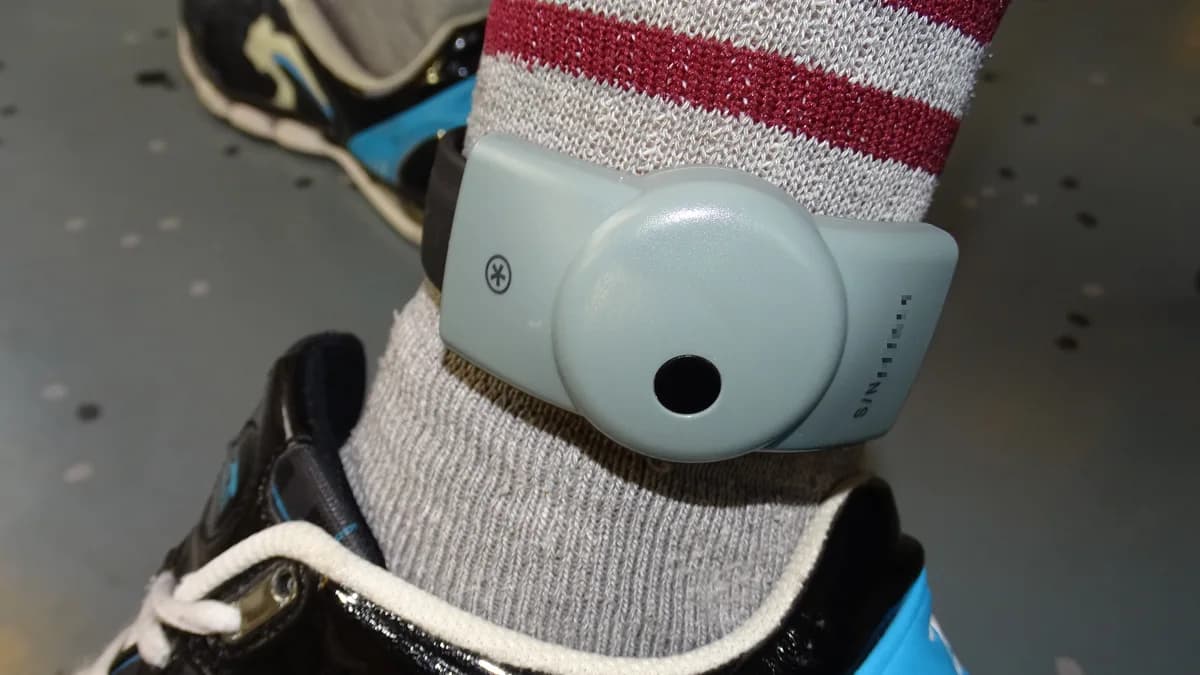 Close-up of a gray electronic ankle monitor worn over a red and gray striped sock above a black and blue athletic shoe. | Jérémy-Günther-Heinz Jähnick/Wikimedia Commons (CC BY-SA 3.0)