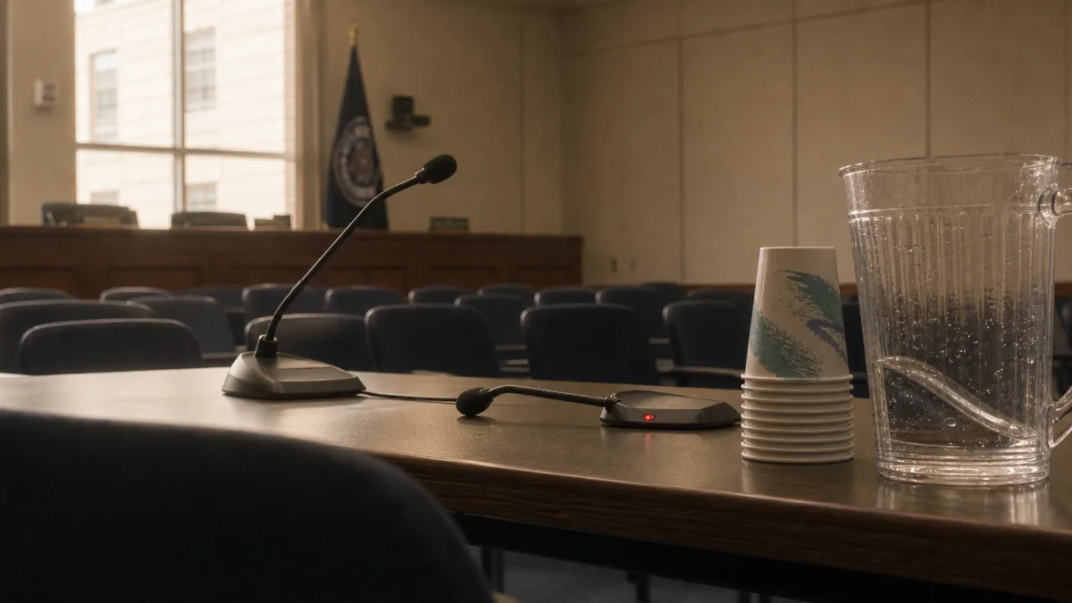 Empty administrative hearing room interior: witness table with microphones, water pitcher, and rows of vacant chairs under fluorescent light.