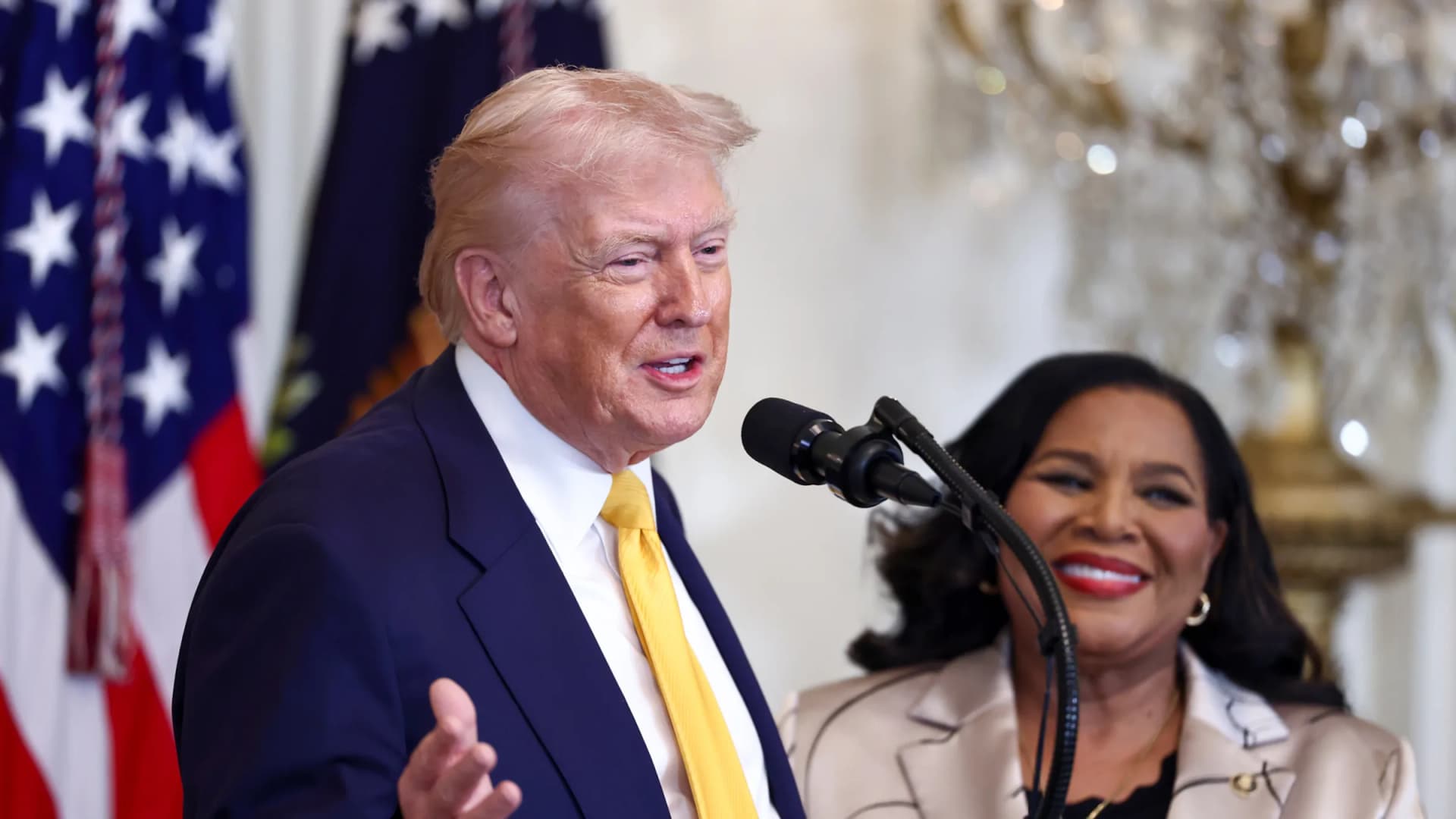 President Donald Trump speaks at a Black History Month reception in the East Room of the White House in Washington on Feb. 18, 2026, as pardon czar Alice Marie Johnson looks on. Trump has since freed two cannabis prisoners. (Jim LoScalzo/Pool via CNP/Newscom)